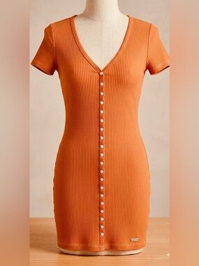 Guess Ribbed Button-Front V-Neck Dress in Orange